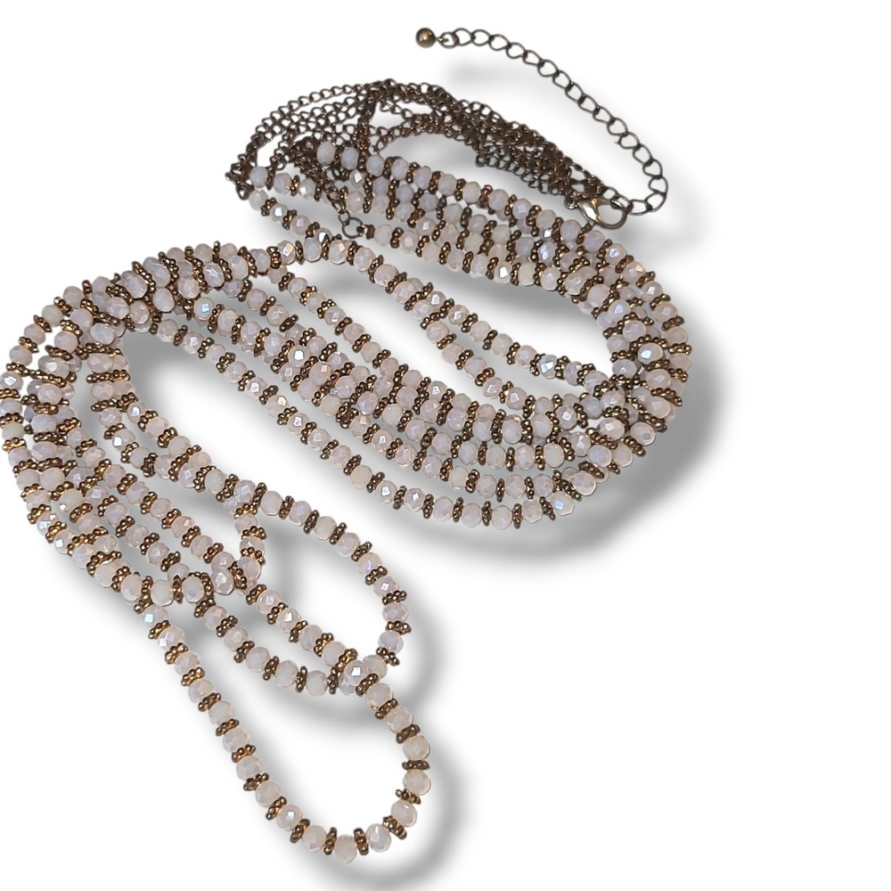 Vintage 3 Strand White Crystal Bead Necklace Bronze Tone Statement 28" Long